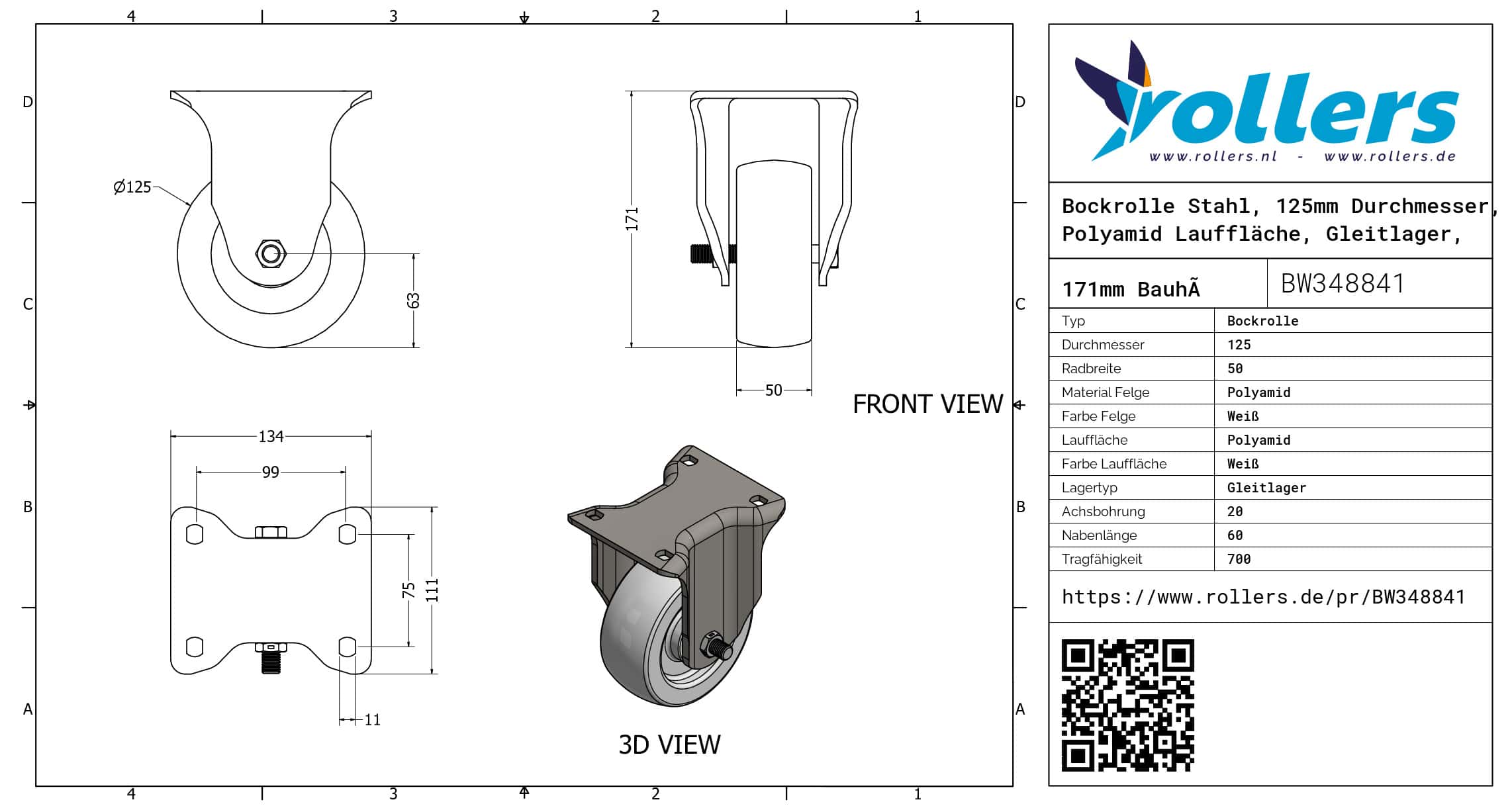 Bockrolle Stahl, 125mm Durchmesser, Polyamid Lauffläche, Gleitlager, 171mm Bauhöhe – Bild 3