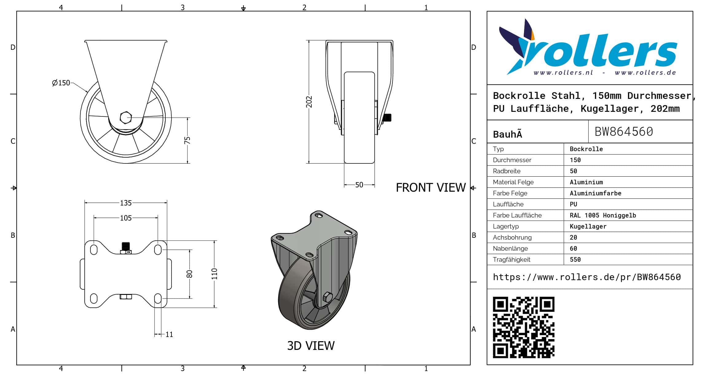 Bockrolle Stahl, 150mm Durchmesser, PU Lauffläche, Kugellager, 202mm Bauhöhe – Bild 3