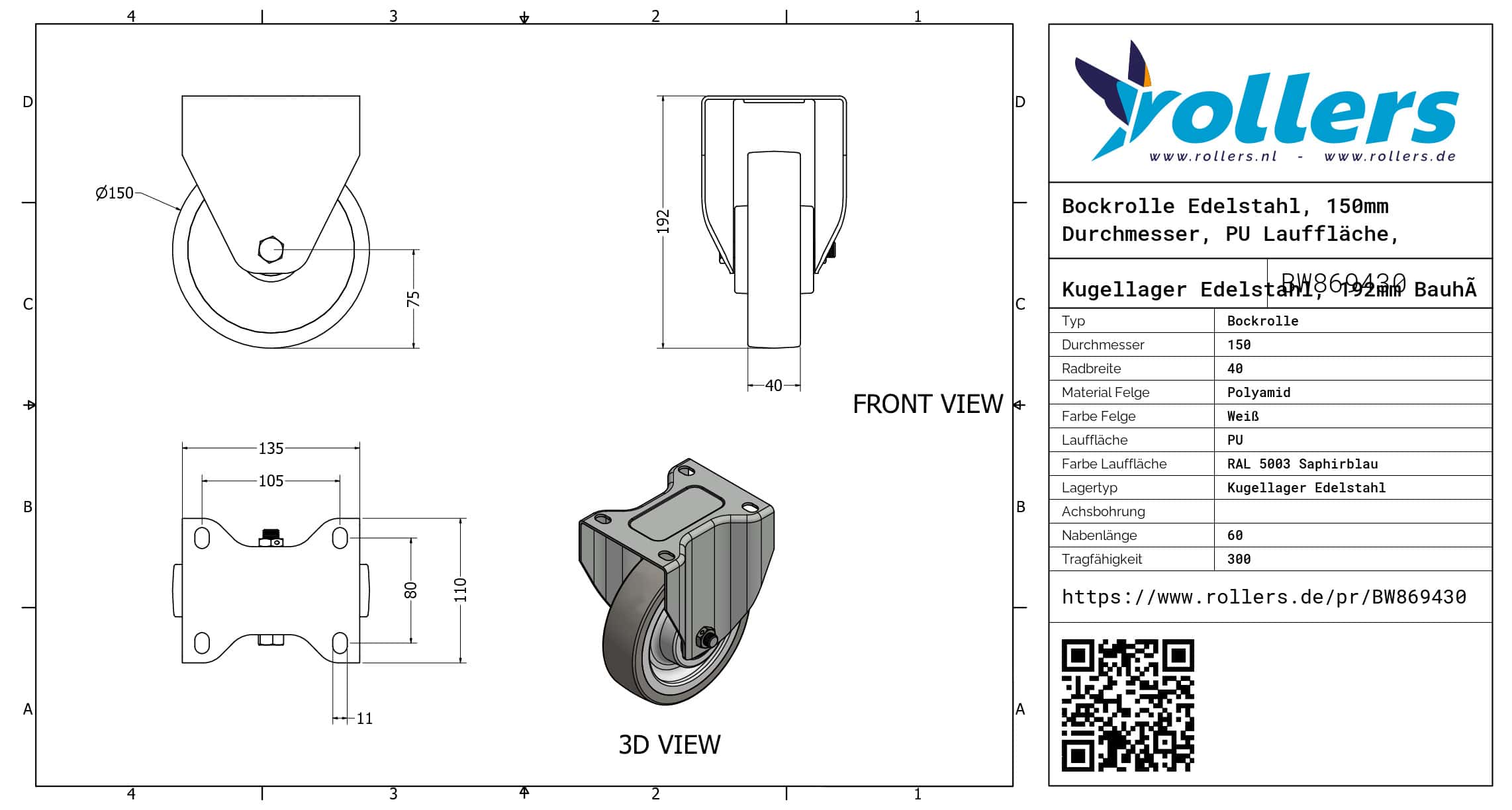 Bockrolle Edelstahl, 150mm Durchmesser, PU Lauffläche, Kugellager Edelstahl, 192mm Bauhöhe – Bild 3