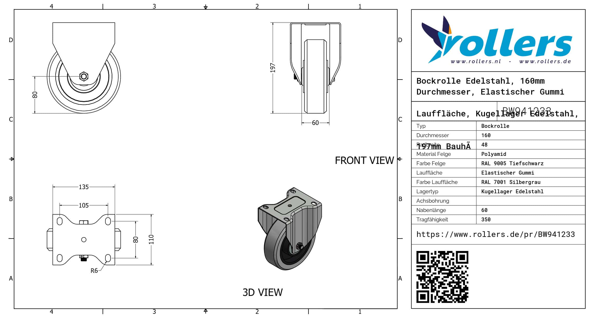 Bockrolle Edelstahl, 160mm Durchmesser, Elastischer Gummi Lauffläche, Kugellager Edelstahl, 197mm Bauhöhe – Bild 3