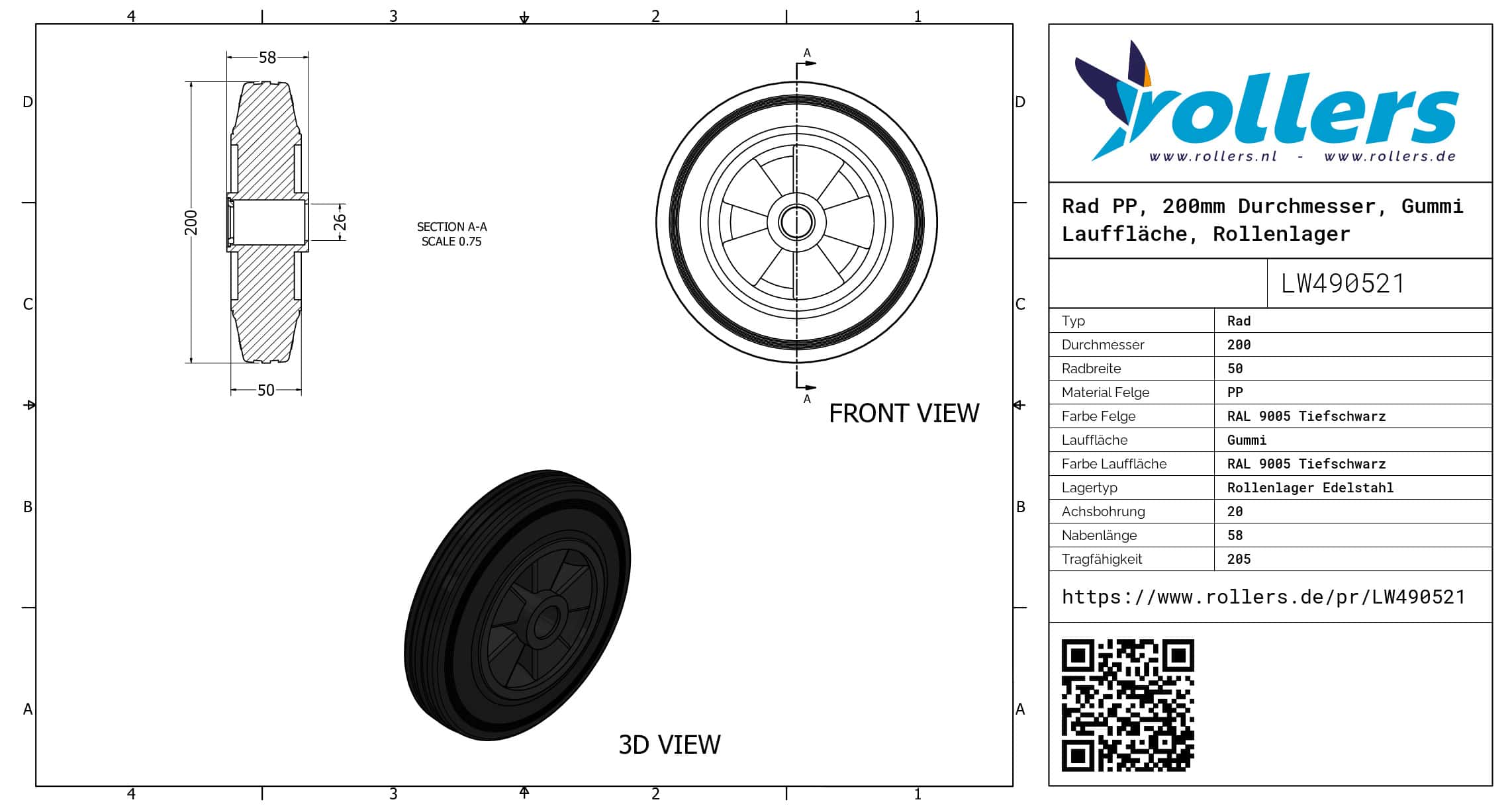 Rad PP, 200mm Durchmesser, Gummi Lauffläche, Rollenlager Edelstahl – Bild 2