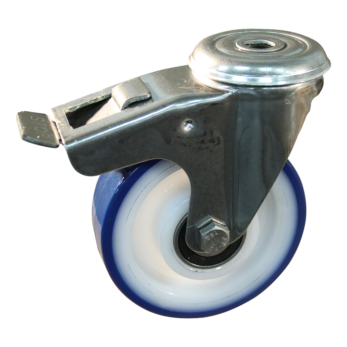 Lenkrolle Edelstahl, 100mm Durchmesser, PU Lauffläche, Kugellager Edelstahl, Totalfeststeller, Nachlauf, ZW815153