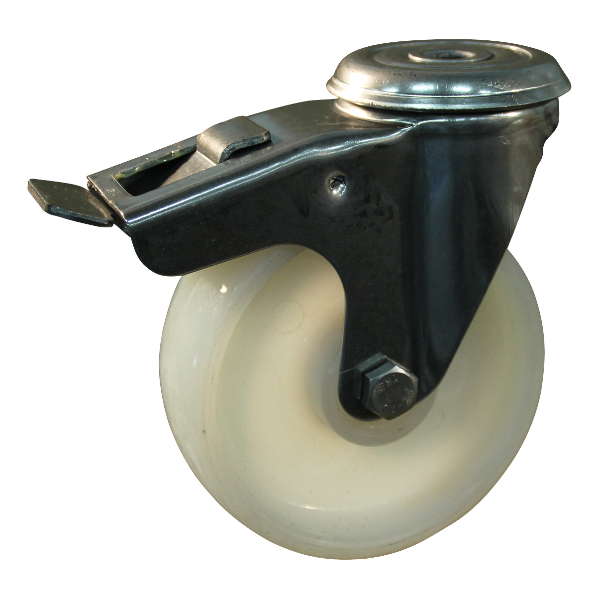 Lenkrolle Edelstahl, 125mm Durchmesser, PP Lauffläche, Rollenlager Edelstahl, Totalfeststeller, Nachlauf, ZW536223