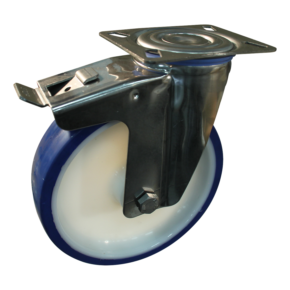 Lenkrolle Edelstahl, 200mm Durchmesser, PU Lauffläche, Gleitlager, Totalfeststeller, Nachlauf, ZW177475