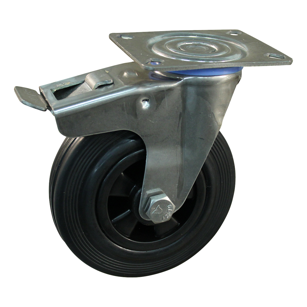 Lenkrolle Edelstahl, 80mm Durchmesser, Gummi Lauffläche, Gleitlager, Totalfeststeller, Nachlauf, ZW258318