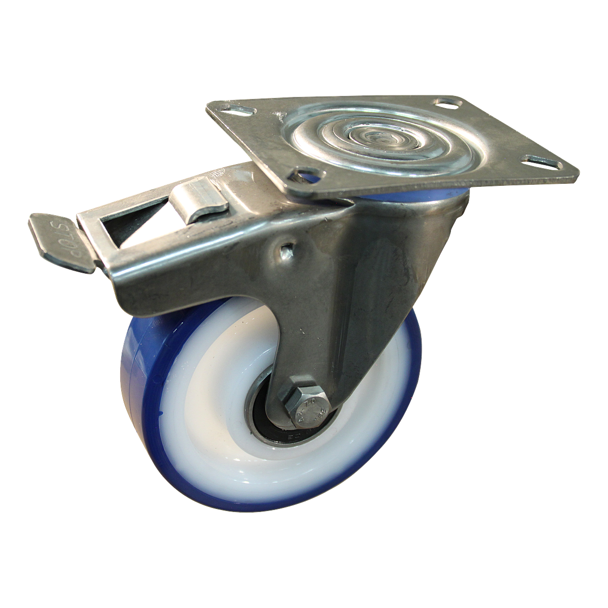 Lenkrolle Edelstahl, 80mm Durchmesser, PU Lauffläche, Kugellager Edelstahl, Totalfeststeller, Nachlauf, ZW801375