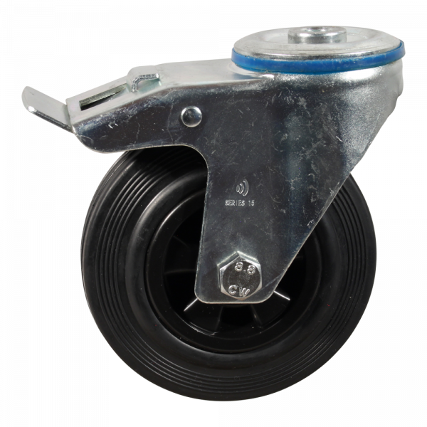 Lenkrolle Stahl, 80mm Durchmesser, Gummi Lauffläche, Gleitlager, Totalfeststeller, Nachlauf, ZW921370