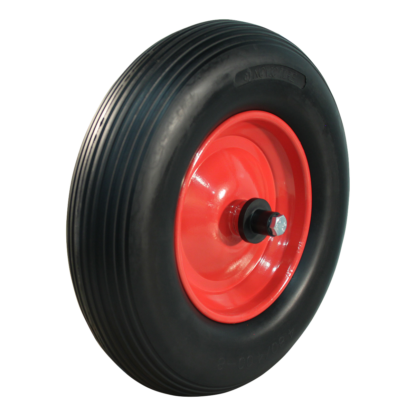 Schubkarrenrad mit Achse 130mm lang, Stahl, 400mm 4.00-8, PU Pannensicher, Rollenlager, LW240239