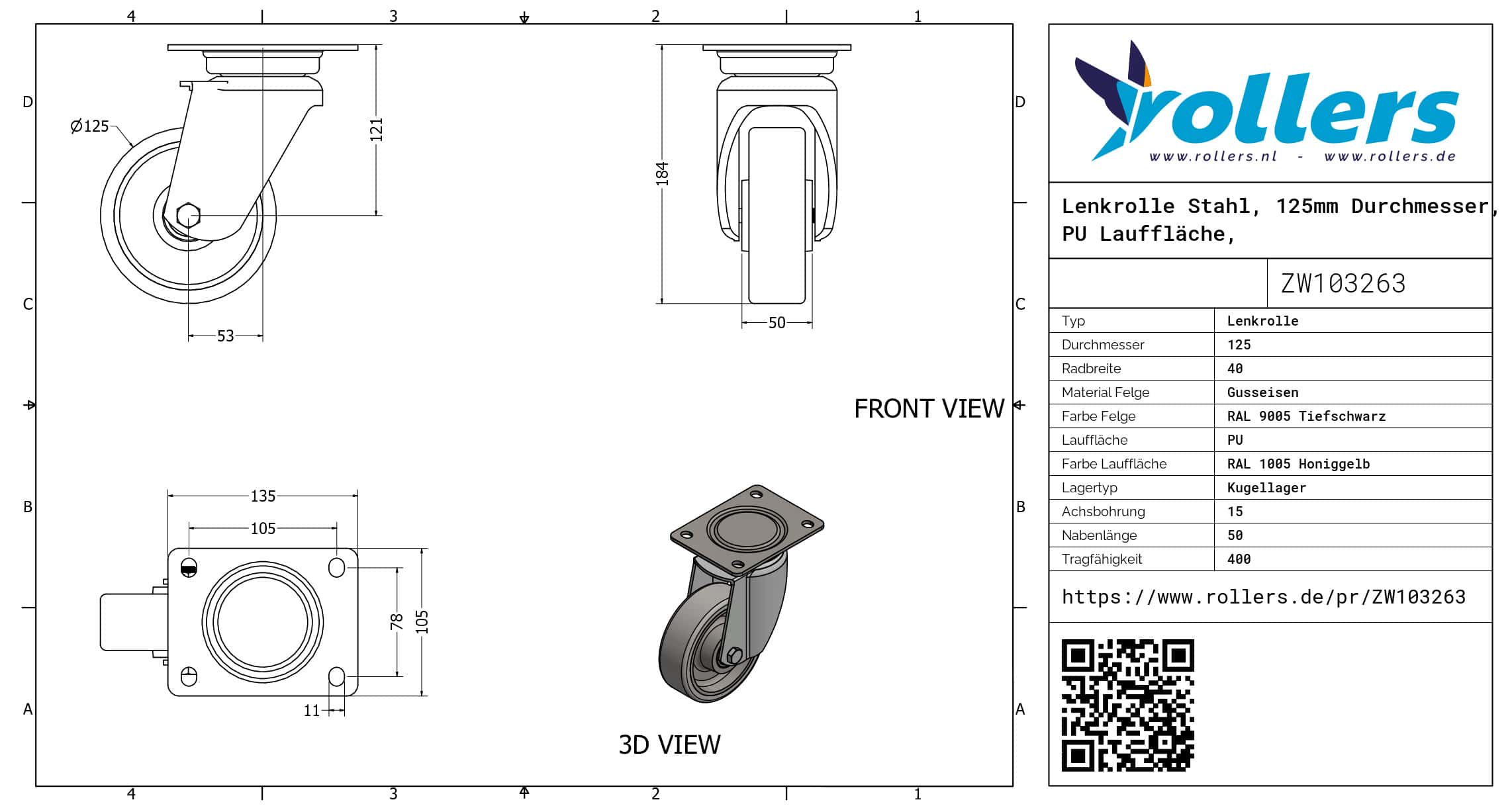 Lenkrolle Stahl, 125mm Durchmesser, PU Lauffläche, Kugellager – Bild 3
