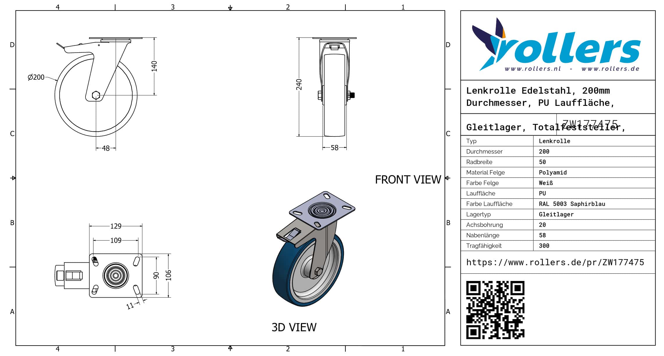 Lenkrolle Edelstahl, 200mm Durchmesser, PU Lauffläche, Gleitlager, Totalfeststeller, Nachlauf – Bild 3