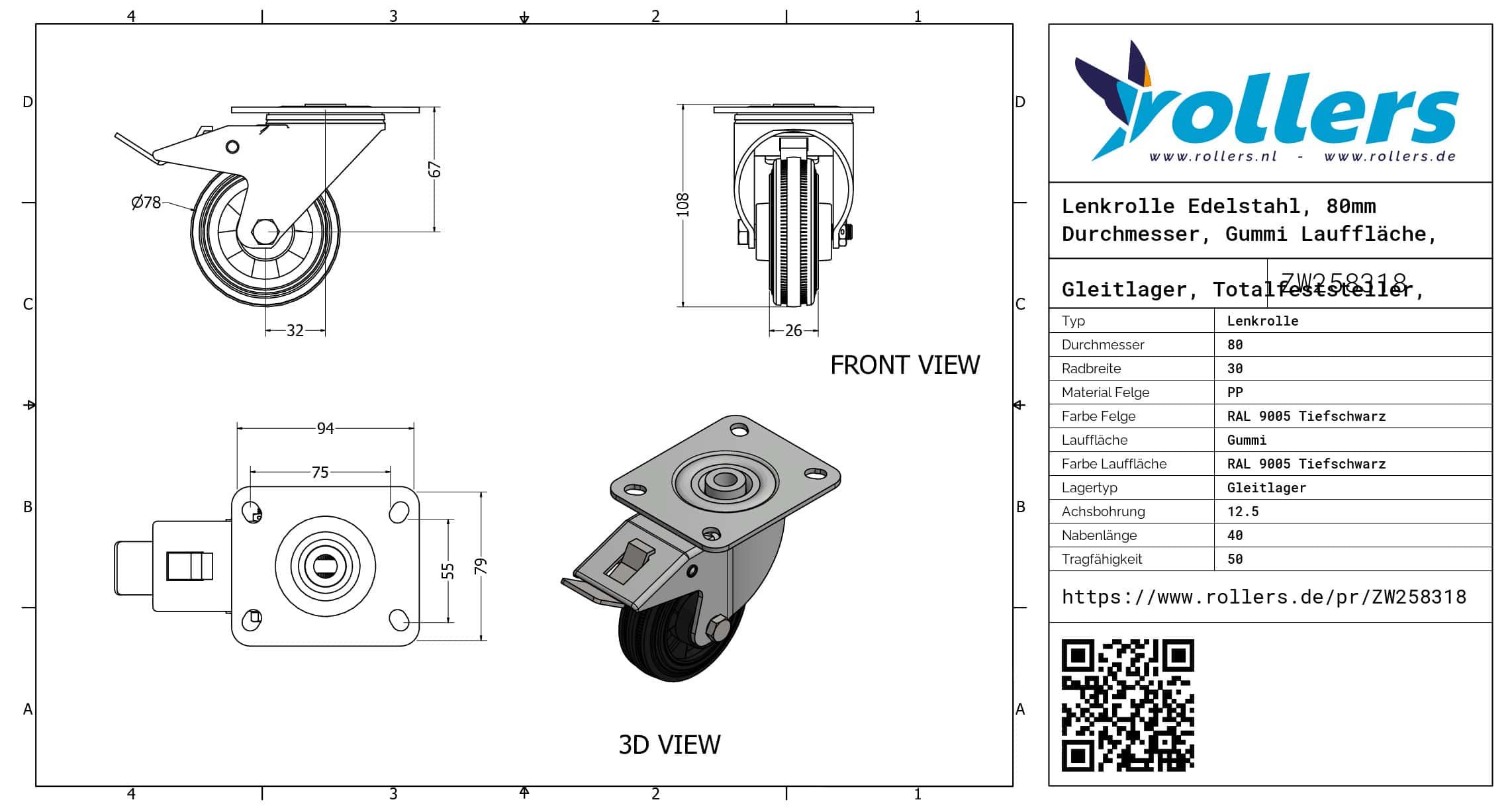 Lenkrolle Edelstahl, 80mm Durchmesser, Gummi Lauffläche, Gleitlager, Totalfeststeller, Nachlauf – Bild 3