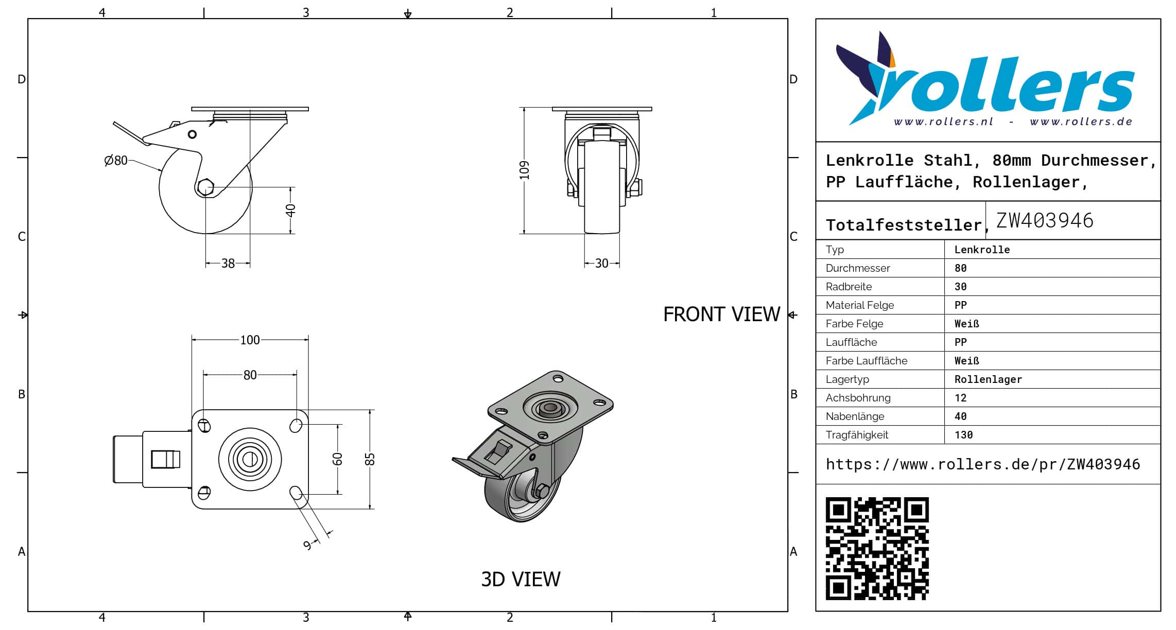 Lenkrolle Stahl, 80mm Durchmesser, PP Lauffläche, Rollenlager, Totalfeststeller, Nachlauf – Bild 3