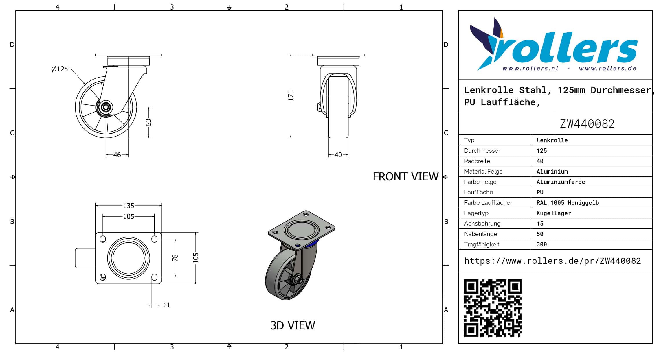 Lenkrolle Stahl, 125mm Durchmesser, PU Lauffläche, Kugellager – Bild 3
