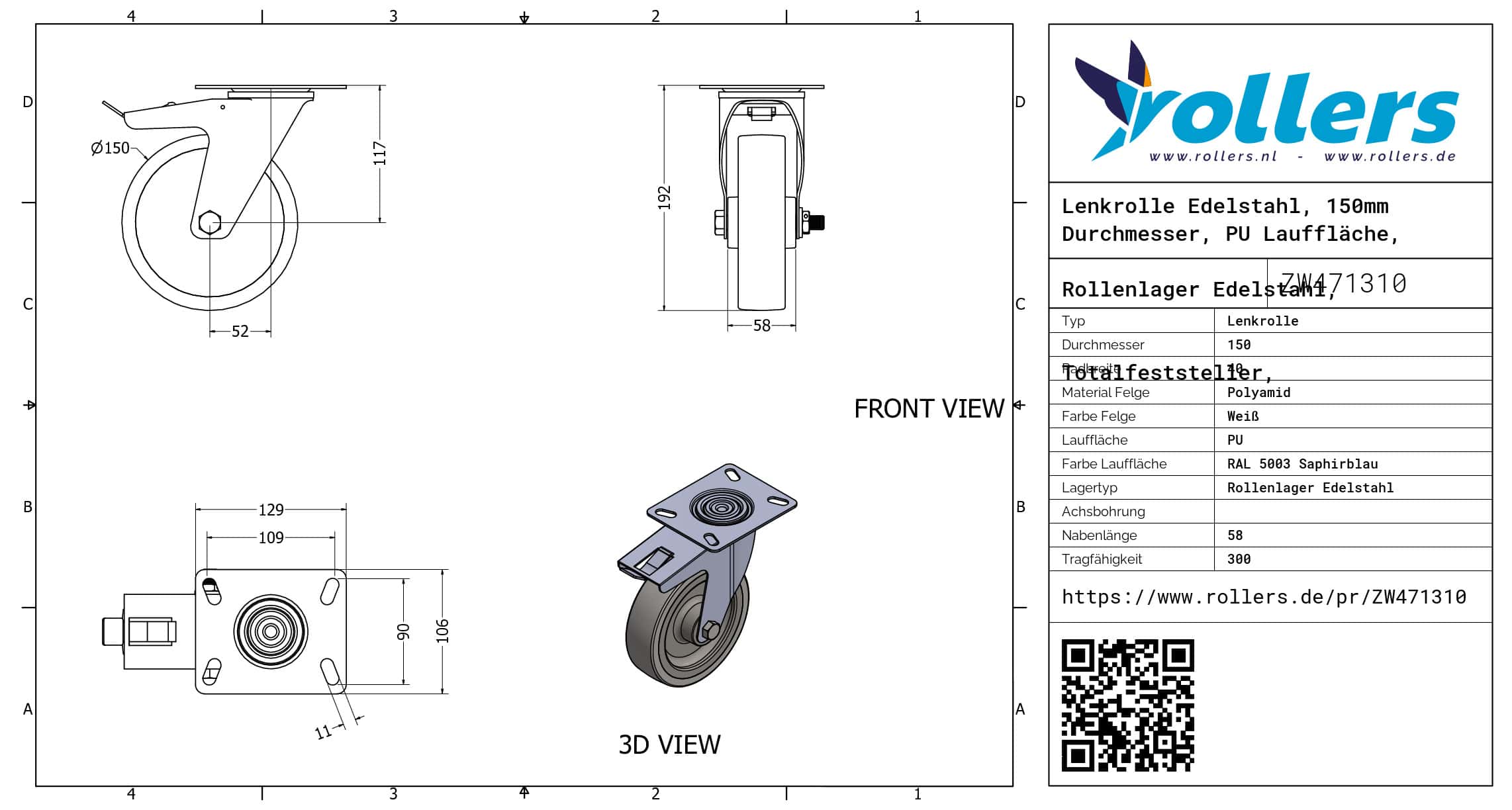 Lenkrolle Edelstahl, 150mm Durchmesser, PU Lauffläche, Rollenlager Edelstahl, Totalfeststeller, Nachlauf – Bild 3