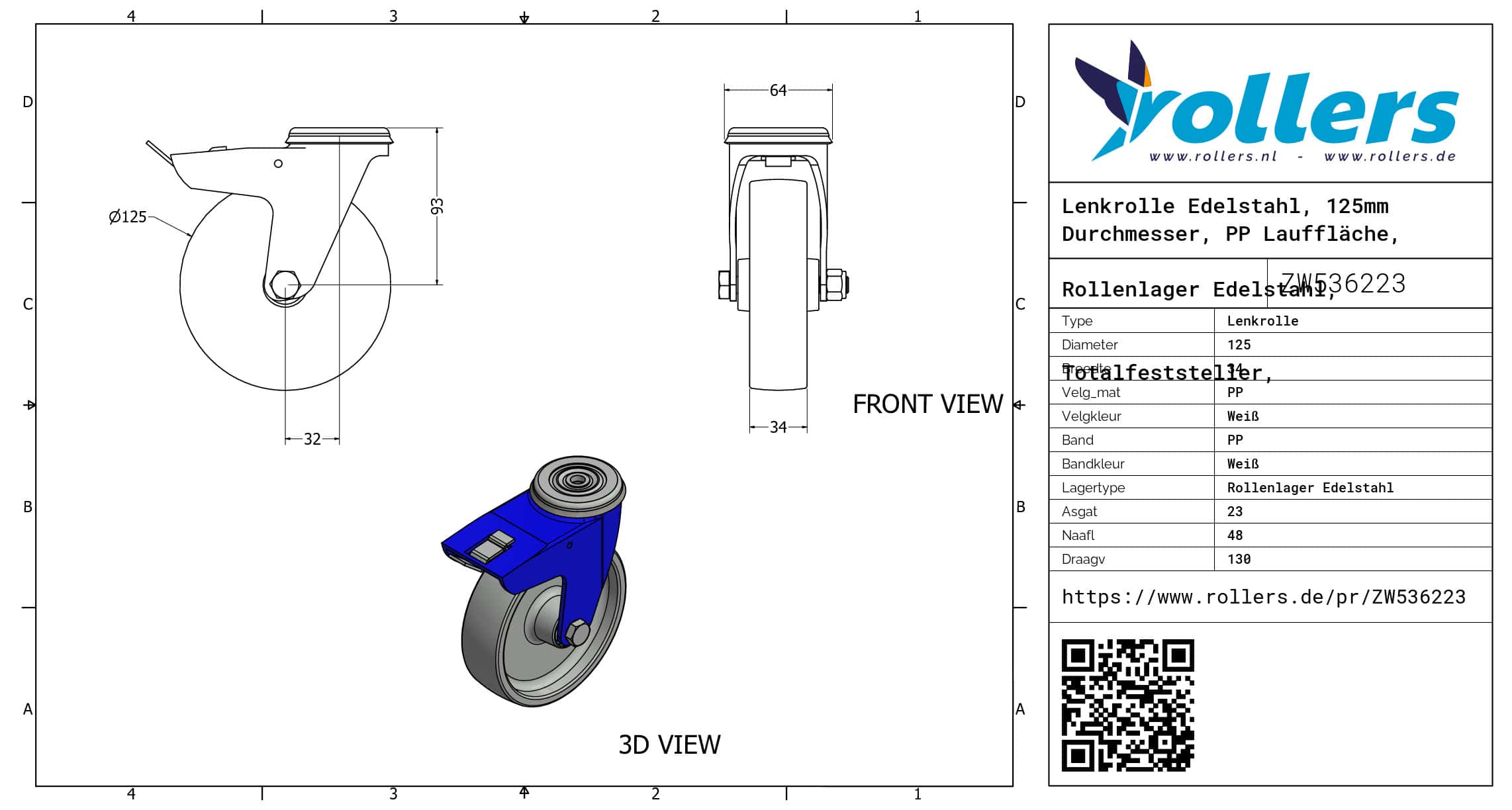 Lenkrolle Edelstahl, 125mm Durchmesser, PP Lauffläche, Rollenlager Edelstahl, Totalfeststeller, Nachlauf – Bild 3