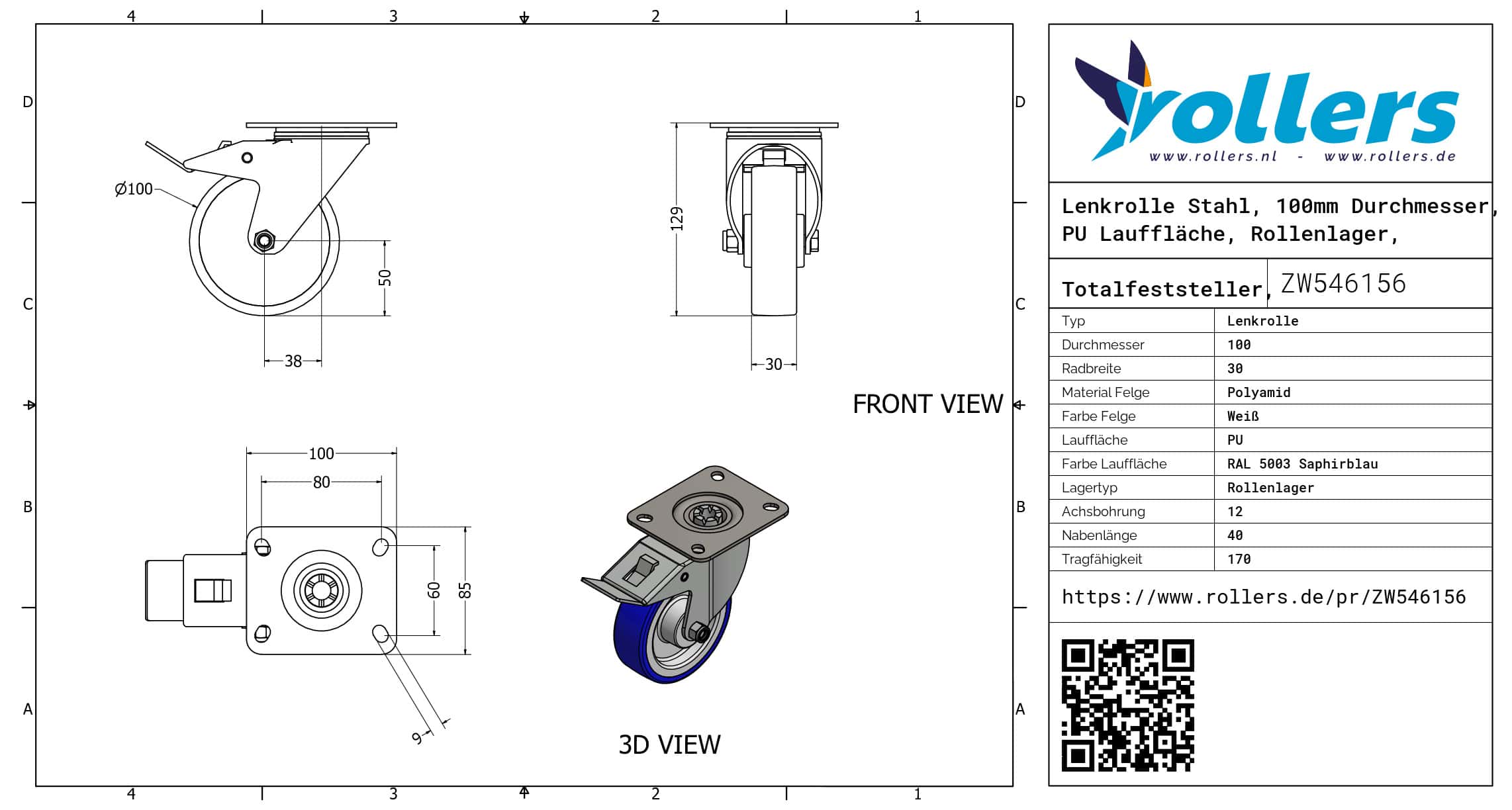Lenkrolle Stahl, 100mm Durchmesser, PU Lauffläche, Rollenlager, Totalfeststeller, Nachlauf – Bild 3