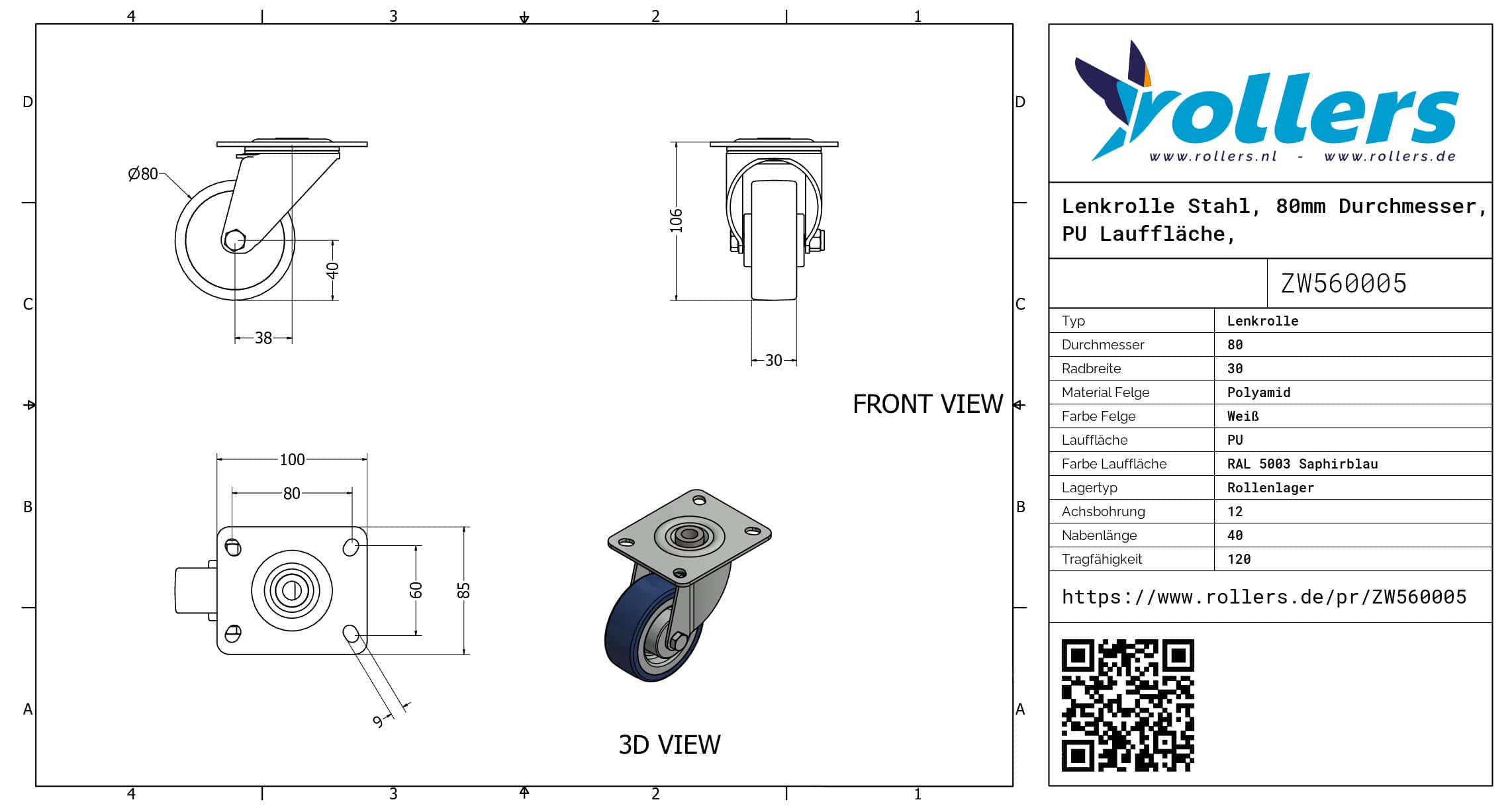 Lenkrolle Stahl, 80mm Durchmesser, PU Lauffläche, Rollenlager – Bild 3