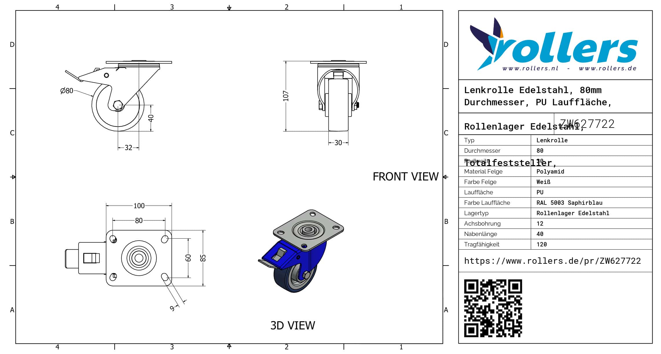 Lenkrolle Edelstahl, 80mm Durchmesser, PU Lauffläche, Rollenlager Edelstahl, Totalfeststeller, Nachlauf – Bild 3