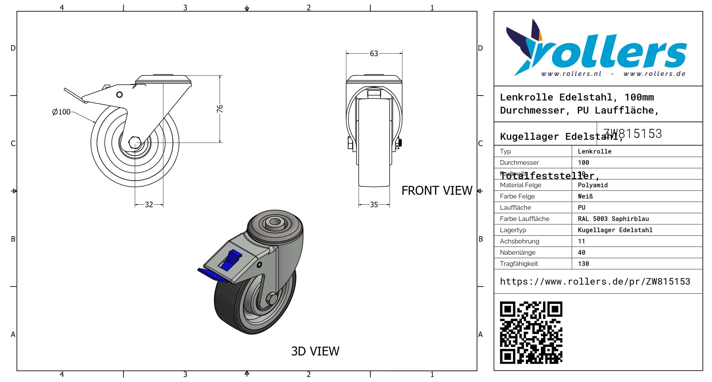Lenkrolle Edelstahl, 100mm Durchmesser, PU Lauffläche, Kugellager Edelstahl, Totalfeststeller, Nachlauf – Bild 3