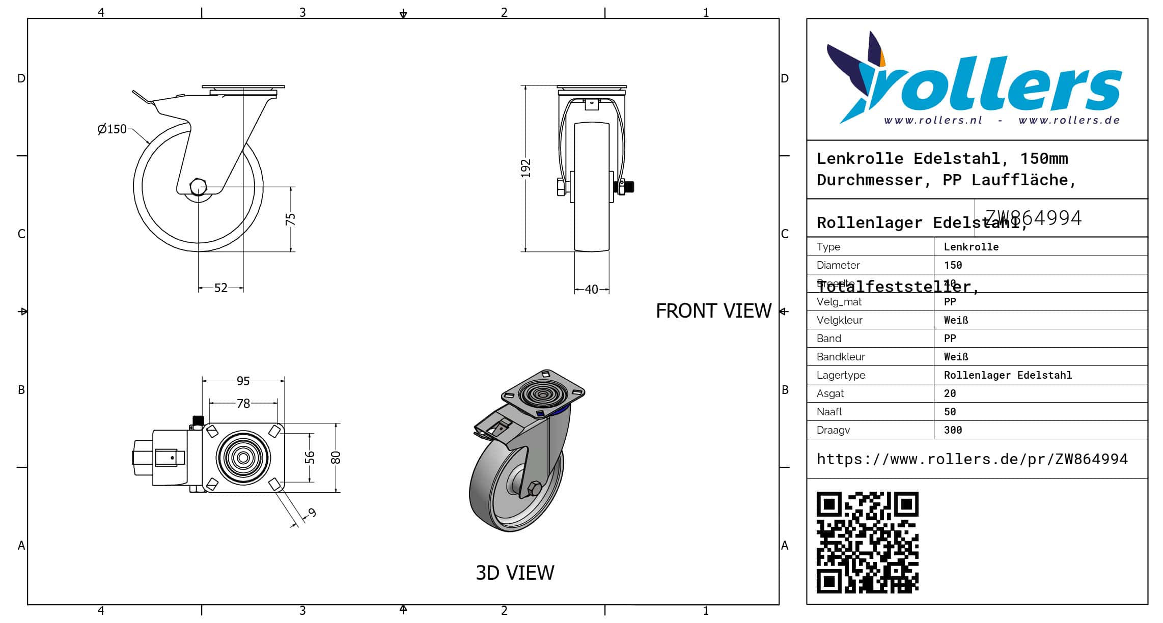 Lenkrolle Edelstahl, 150mm Durchmesser, PP Lauffläche, Rollenlager Edelstahl, Totalfeststeller, Nachlauf – Bild 3