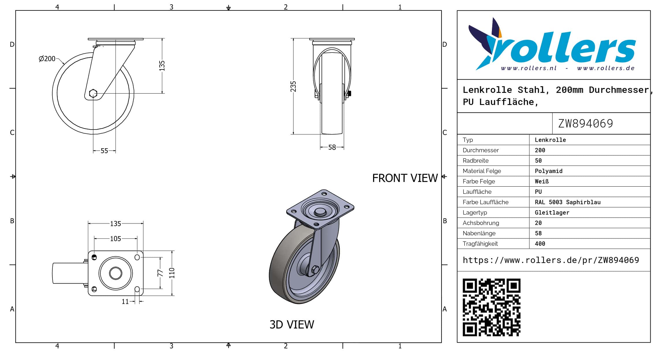 Lenkrolle Stahl, 200mm Durchmesser, PU Lauffläche, Gleitlager – Bild 3