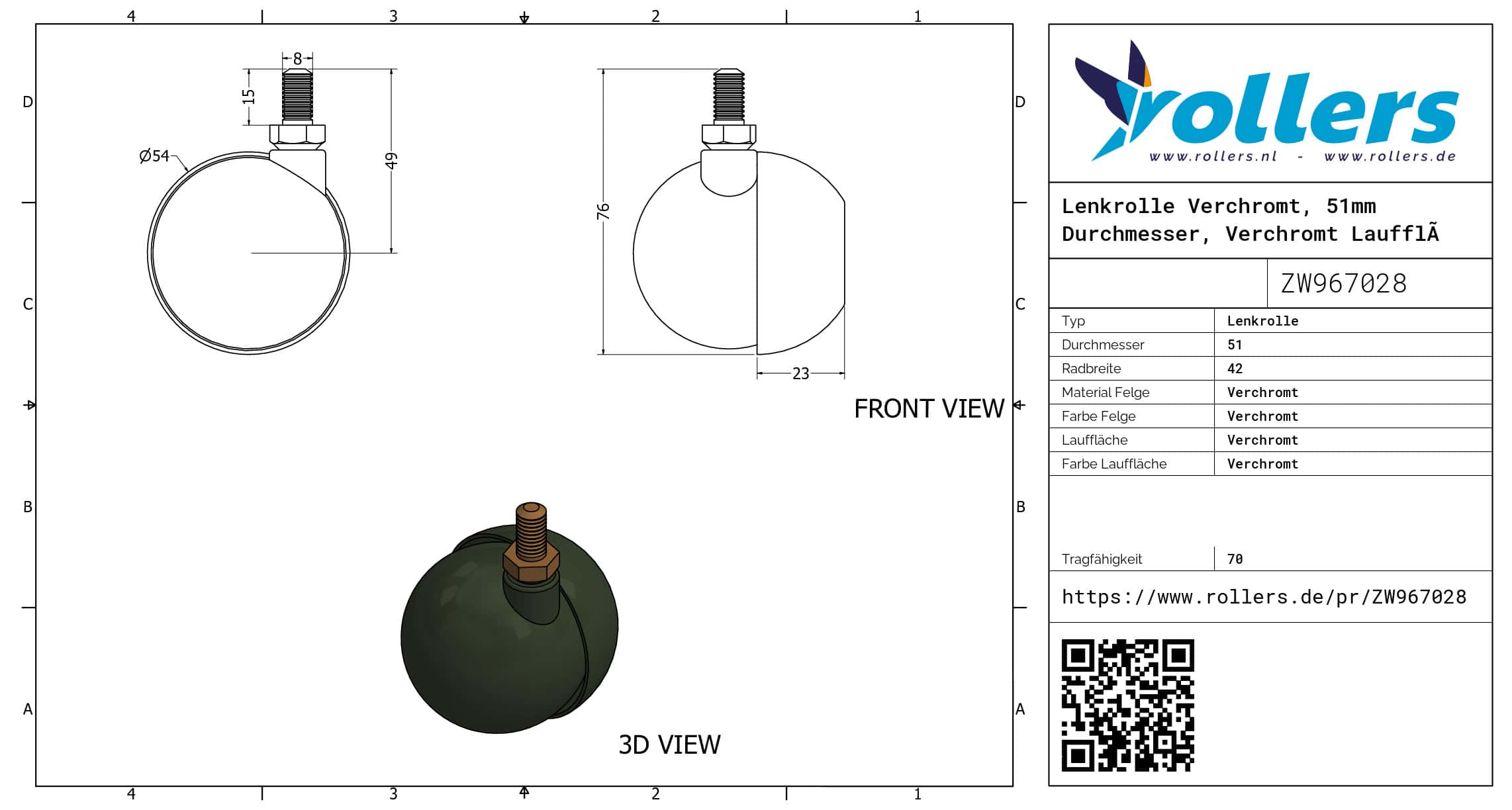 Lenkrolle Verchromt, 51mm Durchmesser, Verchromt Lauffläche – Bild 3
