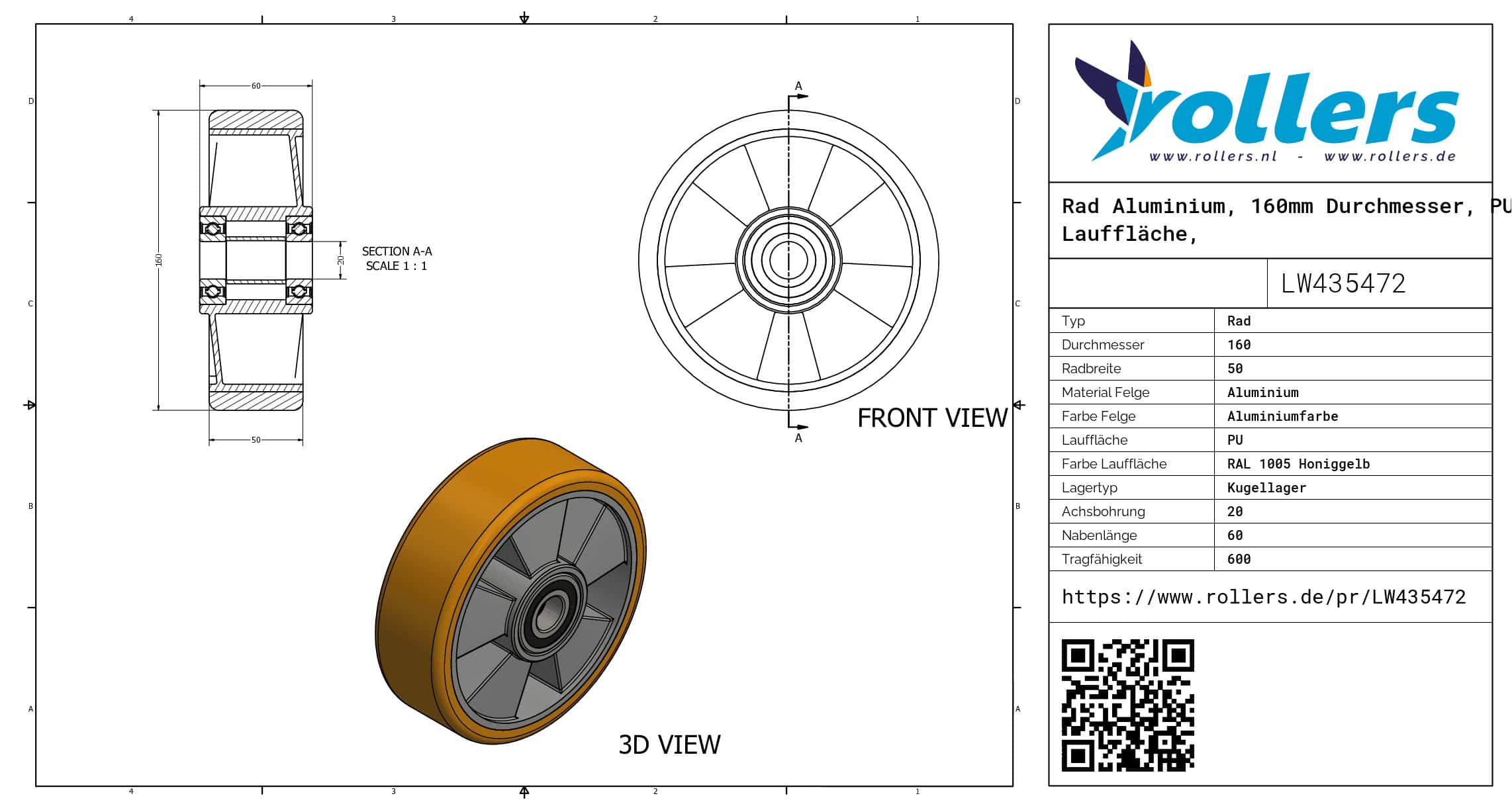 Rad Aluminium, 160mm Durchmesser, PU Lauffläche, Kugellager – Bild 3