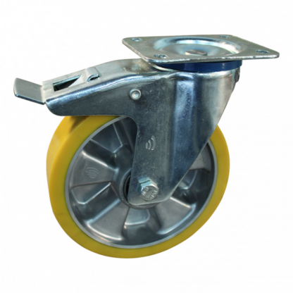 Lenkrolle Stahl, 200mm Durchmesser, PU Lauffläche, Kugellager, Totalfeststeller, Nachlauf, ZW640929