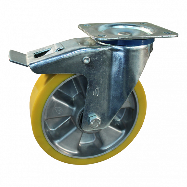 Lenkrolle Stahl, 200mm Durchmesser, PU Lauffläche, Kugellager, Totalfeststeller, Nachlauf, ZW640929