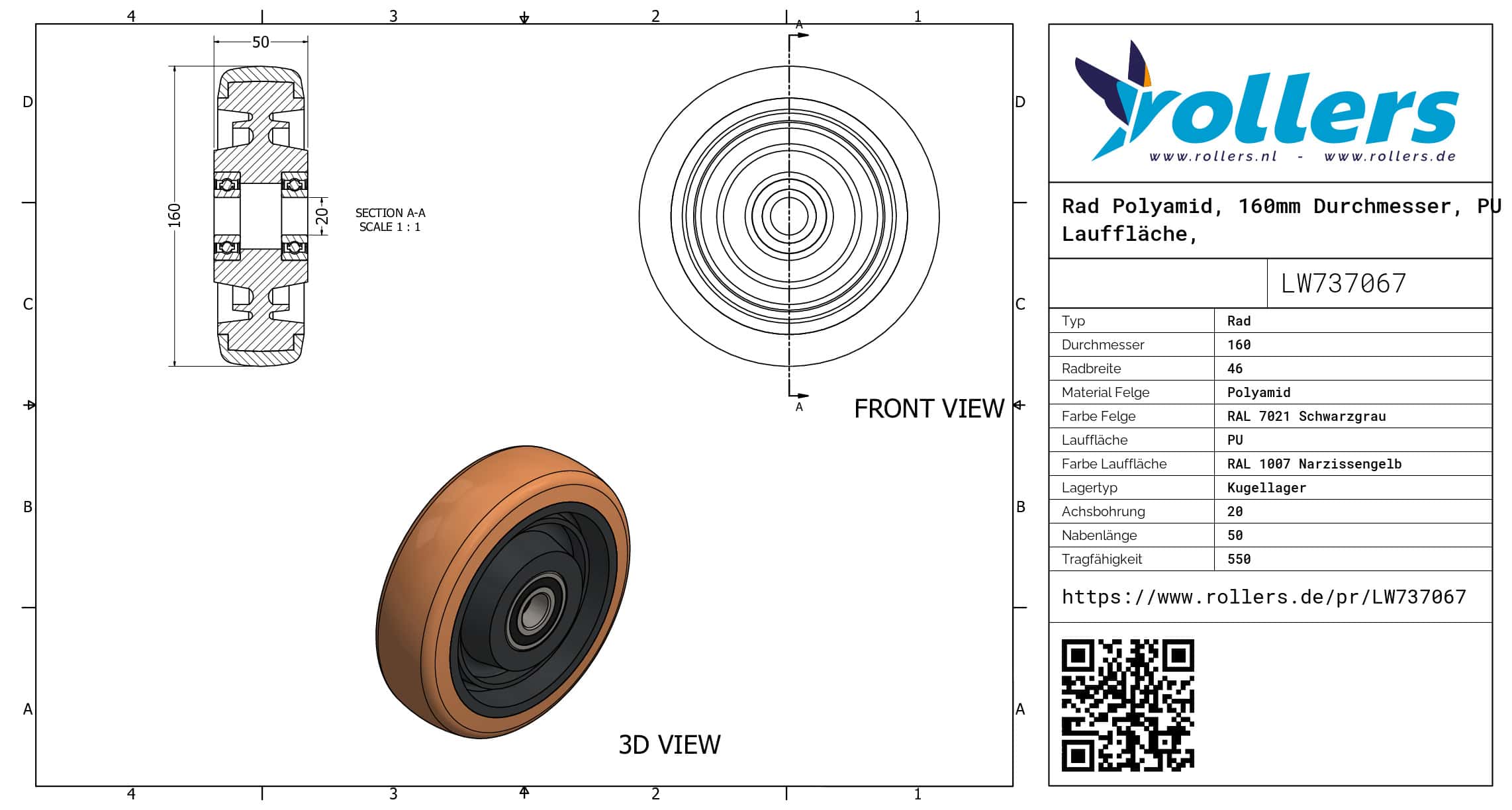 Rad Polyamid, 160mm Durchmesser, PU Lauffläche, Kugellager – Bild 3