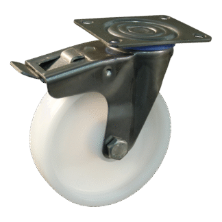 Lenkrolle Edelstahl, 80mm Durchmesser, Polyamid Lauffläche, Gleitlager, Totalfeststeller, Nachlauf, ZW406153