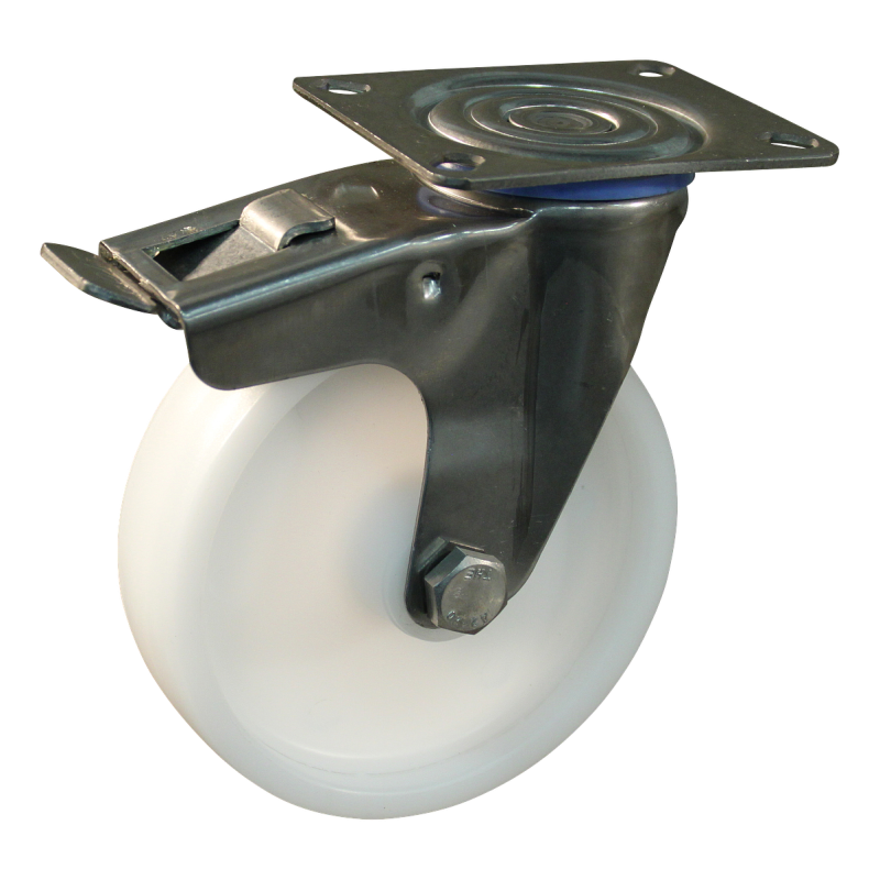 Lenkrolle Edelstahl, 80mm Durchmesser, Polyamid Lauffläche, Gleitlager, Totalfeststeller, Nachlauf, ZW406153