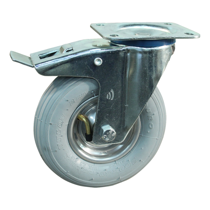 Lenkrolle Stahl, 200mm Durchmesser, Luftreifen Lauffläche, Rollenlager, Totalfeststeller, Nachlauf, ZW251279