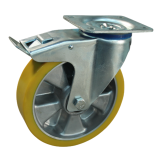 Lenkrolle Stahl, 100mm Durchmesser, PU Lauffläche, Kugellager, Totalfeststeller, Nachlauf, ZW553664