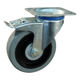 Lenkrolle Stahl, 125mm Durchmesser, Elastischer Gummi Lauffläche, Kugellager, Totalfeststeller, Nachlauf, ZW433631